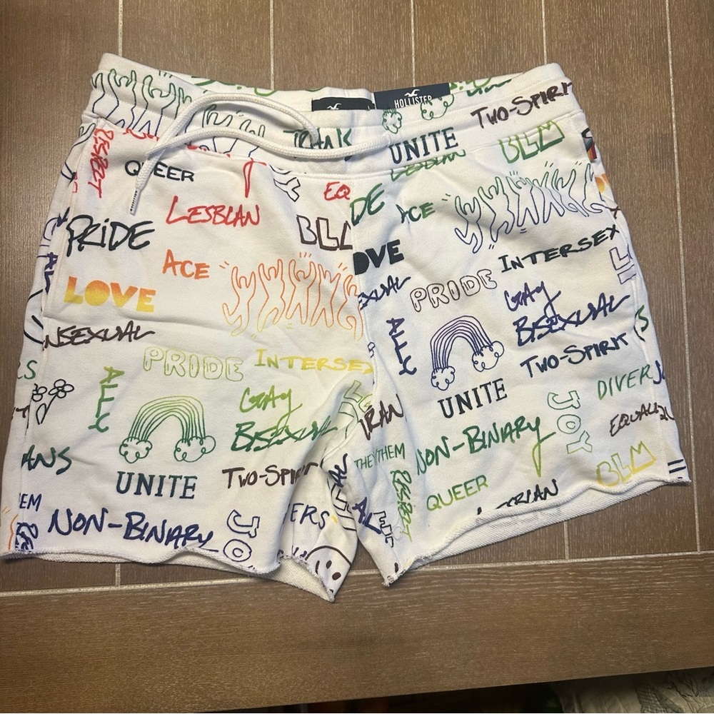 Hollister White Pride Print Shorts with Multicolor Text